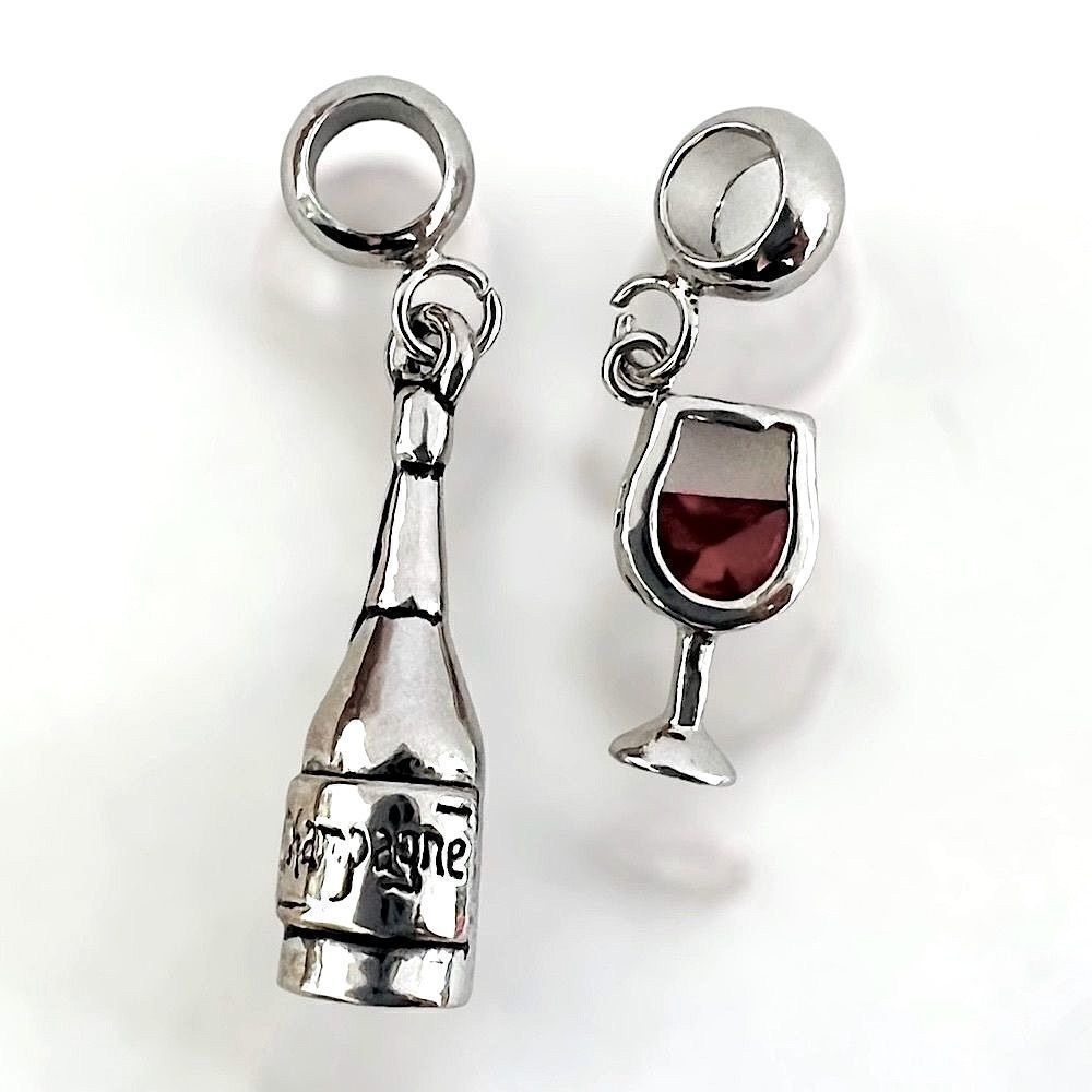 Silver Champagne Bottle Wine Glass Charms Set